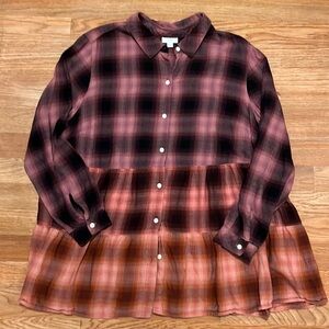 J. Jill Button Front 2 Tiered Plaid Flannel  Tunic Shirt Size XL